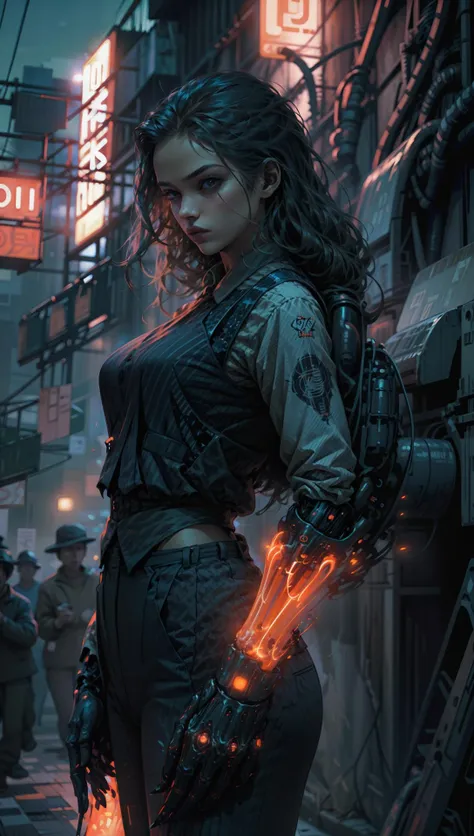 NeonNoir, female woman standing solitary under a subtle red neon glow wearing designer vest, suit trousers,(mechanical arms:1.1),Thailand night city, Only God Forgives <lyco:WomanBusinessSuit_v10:0.8> <lora:powerarm:0.9> <lora:NeonNoir:0.65>