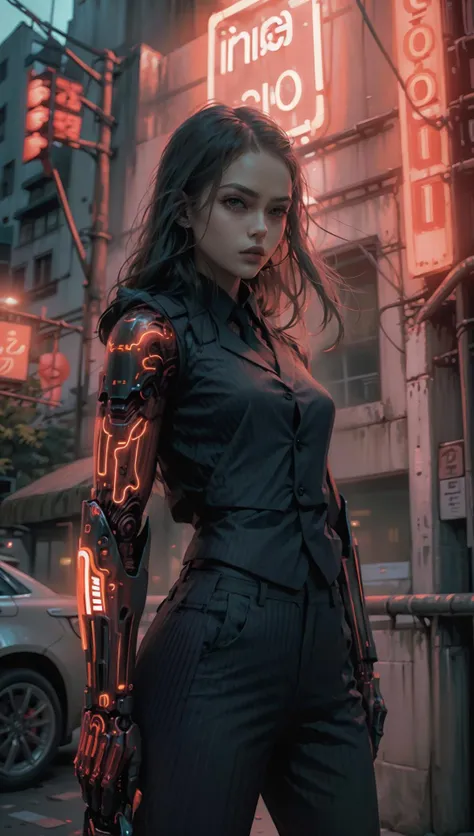 NeonNoir, female woman standing solitary under a subtle red neon glow wearing designer vest, suit trousers,(mechanical arms:1.1),Thailand night city, Only God Forgives <lyco:WomanBusinessSuit_v10:0.8> <lora:powerarm:0.9> <lora:NeonNoir:0.65>