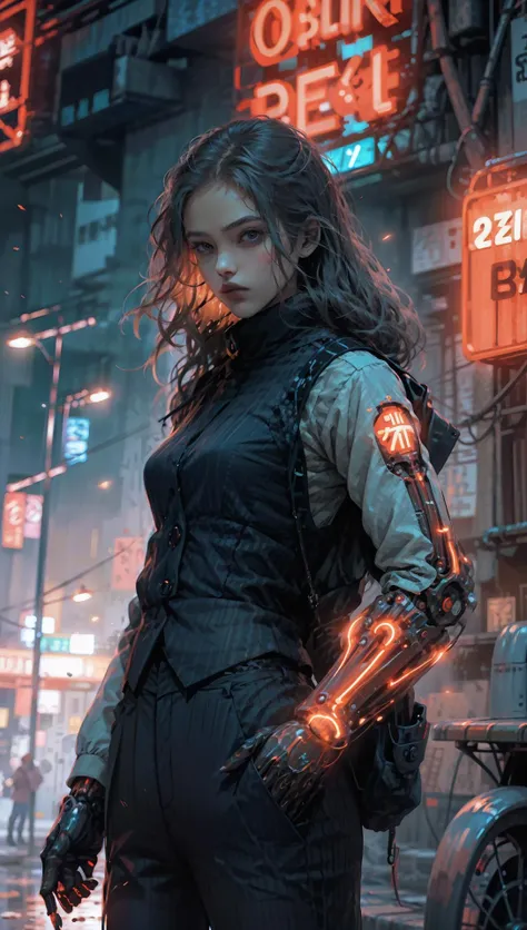 NeonNoir, female woman standing solitary under a subtle red neon glow wearing designer vest, suit trousers,(mechanical arms:1.1),Thailand night city, Only God Forgives <lyco:WomanBusinessSuit_v10:0.8> <lora:powerarm:0.9> <lora:NeonNoir:0.65>