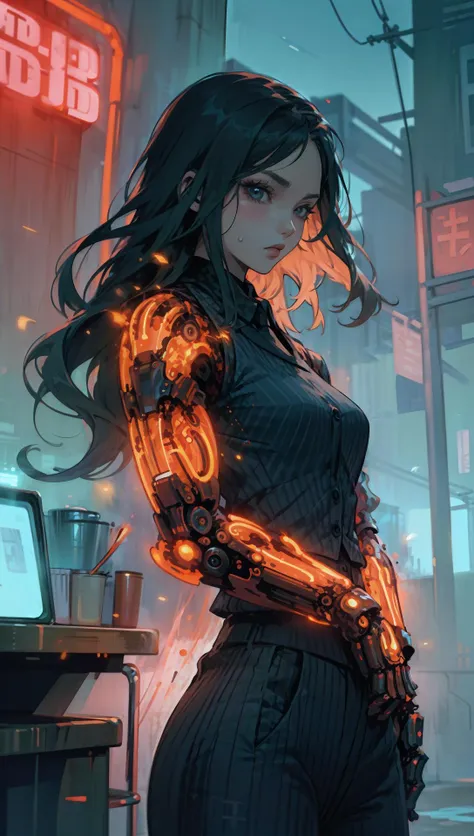 NeonNoir, female woman standing solitary under a subtle red neon glow wearing designer vest, suit trousers,(mechanical arms:1.1),Thailand night city, Only God Forgives <lyco:WomanBusinessSuit_v10:0.8> <lora:powerarm:0.9> <lora:NeonNoir:0.65>
