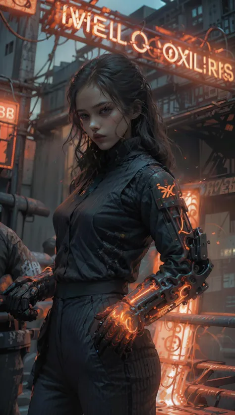 NeonNoir, female woman standing solitary under a subtle red neon glow wearing designer vest, suit trousers,(mechanical arms:1.1),Thailand night city, Only God Forgives <lyco:WomanBusinessSuit_v10:0.8> <lora:powerarm:0.9> <lora:NeonNoir:0.65>