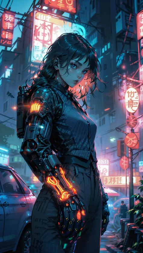NeonNoir, female woman standing solitary under a subtle red neon glow wearing designer vest, suit trousers,(mechanical arms:1.1),Thailand night city, Only God Forgives <lyco:WomanBusinessSuit_v10:0.8> <lora:powerarm:0.9> <lora:NeonNoir:0.65>