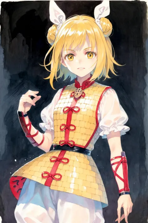 masterpiece, best quality, <lora:JoutouguMayumi:1>, <lora:style19:1>,watercolor \(medium\), traditional media, 
joutouguu mayumi,1girl,double bun,blonde hair,short hair,hair ribbon,yellow eyes, short sleeves,vambraces, armored dress, white shirt,white pants,