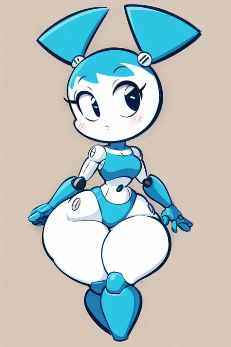 tansau, full body, chibi, wide hips, thick thighs, <lora:tansau-17_v3:0.9>, 1girl, solo, Jenny(XJ9), white skin, blue hair, android, robot joints, robot parts, <lora:Jenny(XJ9):0.8>