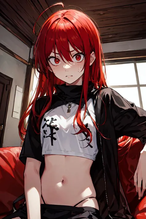 <lora:ShanaLORA-06:1> , Shana, red hair, red eyes, navel, crop top, indoors, sitting down, looking at viewer, upper body, <lora:Constricted PupilsV3:1> (constricted pupils, small pupils:1.2), scared