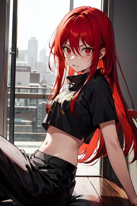 <lora:ShanaLORA-06:1> , Shana, red hair, red eyes, navel, crop top, indoors, sitting down, looking at viewer, upper body, <lora:Constricted PupilsV3:1> (constricted pupils, small pupils:1.2), scared, terrifed, from side,