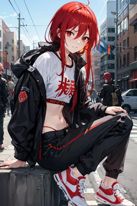 <lora:ShanaLORA-06:1> , Shana, red hair, red eyes, jacket, navel, pants, looking away, sneakers, from side, sitting down, looking down, squinting, street, metropolis