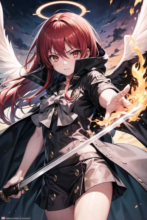 (masterpiece), best quality, highres, 4k, <lora:add_detail:0.6>,add detail,1girl, solo, <lyco:GoodHands-beta2:1.0>nice hands,
shana, red eyes, red hair, black school uniform, fire, magic,holding weapon, holding sword, glowing eyes, <lora:ShanaLORA:1>sunset, sky,black cloak, flying flame print, glowing hair,fire halo,fire wings