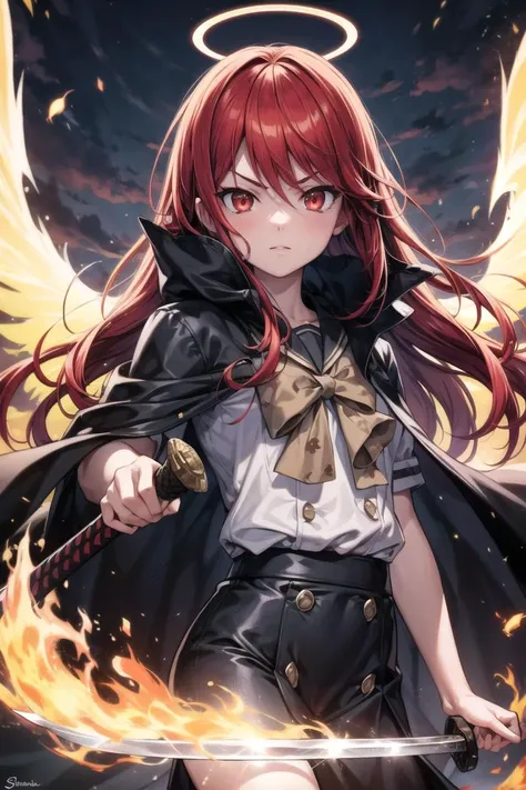 (masterpiece), best quality, highres, 4k, <lora:add_detail:0.6>,add detail,1girl, solo, <lyco:GoodHands-beta2:1.0>nice hands,
shana, red eyes, red hair, black school uniform, fire, magic,holding weapon, holding sword, glowing eyes, <lora:ShanaLORA:1>sunset, sky,black cloak, flying flame print, glowing hair,fire halo,fire wings