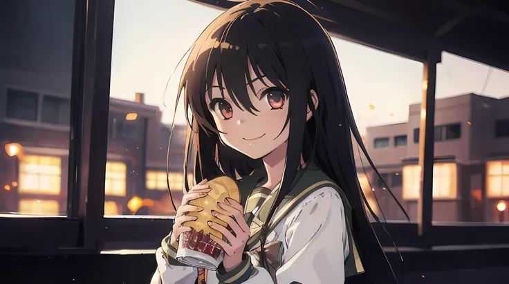 (((one girl))) eating bread, light smile, in school ,<lora:ShanaLORA:1>,shakugan no shana,RAW Photo, add detail, glowingblack red light eyes, black long hair, school uniform, light smile, close eye,lighting