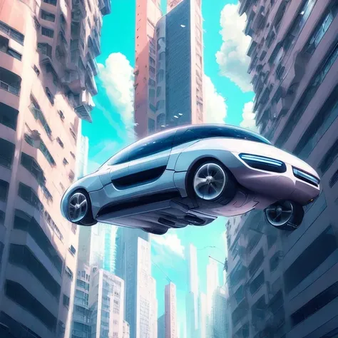 (hovercar style:1) car flying through the air, tall buildings <lora:djzHoverCar_v21:1>