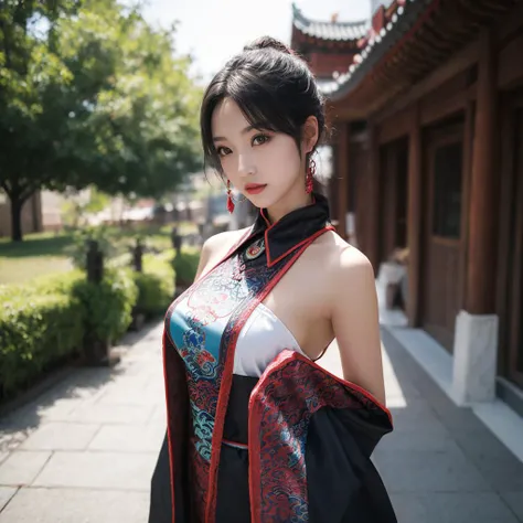 (masterpiece,best quality:1.5), 1 girl, cowboy shot, breasts, looking at viewer, cosplay custume, (chinese talisman on forehead), <lora:cuongthi-000002:0.65>, (outdoor:1.2), (vibrant color:1.2), ultra realistic,32k,RAW photo,(high detailed skin:1.2), 8k uhd, dslr, soft lighting, high quality, film grain