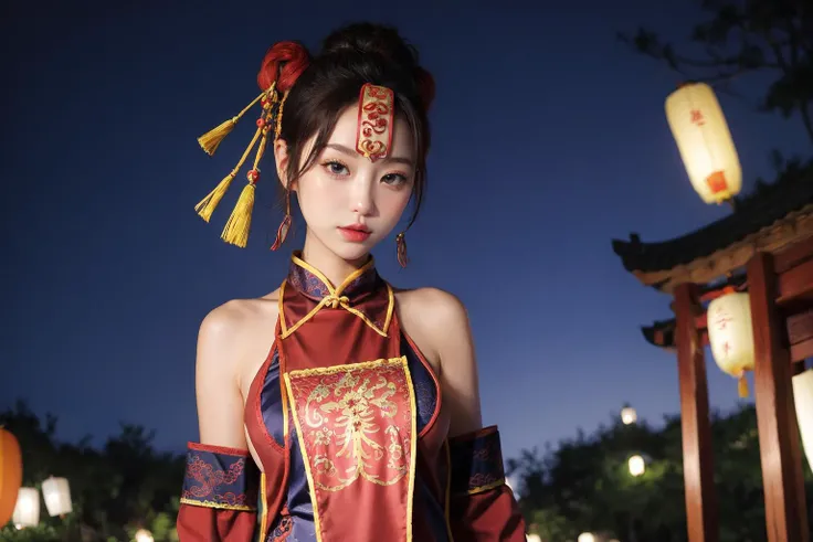 1girl, looking at viewer, [breasts:0.8], cosplay custume, (chinese talisman on forehead:1.2), <lora:cuongthi:0.65>, (night, Chinese lanterns:1.3),  <lora:DSLRgirl:0.1>