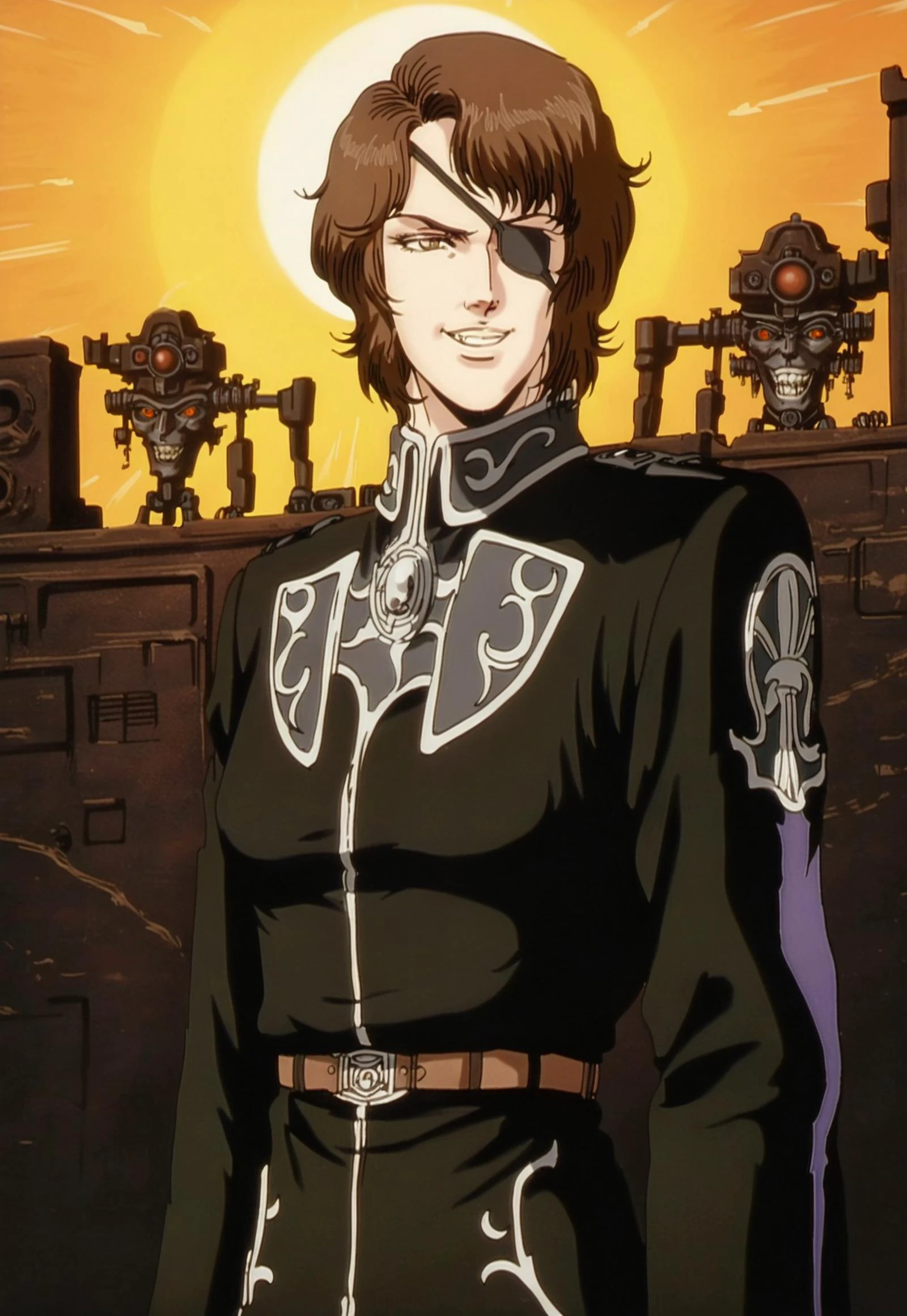 embedding:urn:air:sd1:embedding:civitai:222256@250708, score_9, score_8_up,score_7_up, source_ anime, partial color, traditional art, masterpiece, ultra high resolution, ultra-detailed, 4K, intricate detail, hyper-detailed, highlight and shadow, volumetric lighting, highly detailed background:1.2, epic background, (hange, glasses, brown eyes, dark brown hair, medium breasts, eye patch, military overcoat, athletic, small breasts,, evil grin), (mechanical robe, mystic armor, sharp claws), (fantasy, science fiction, thunder energy, gear sun), (green yellow white colors), ((LZGH)),