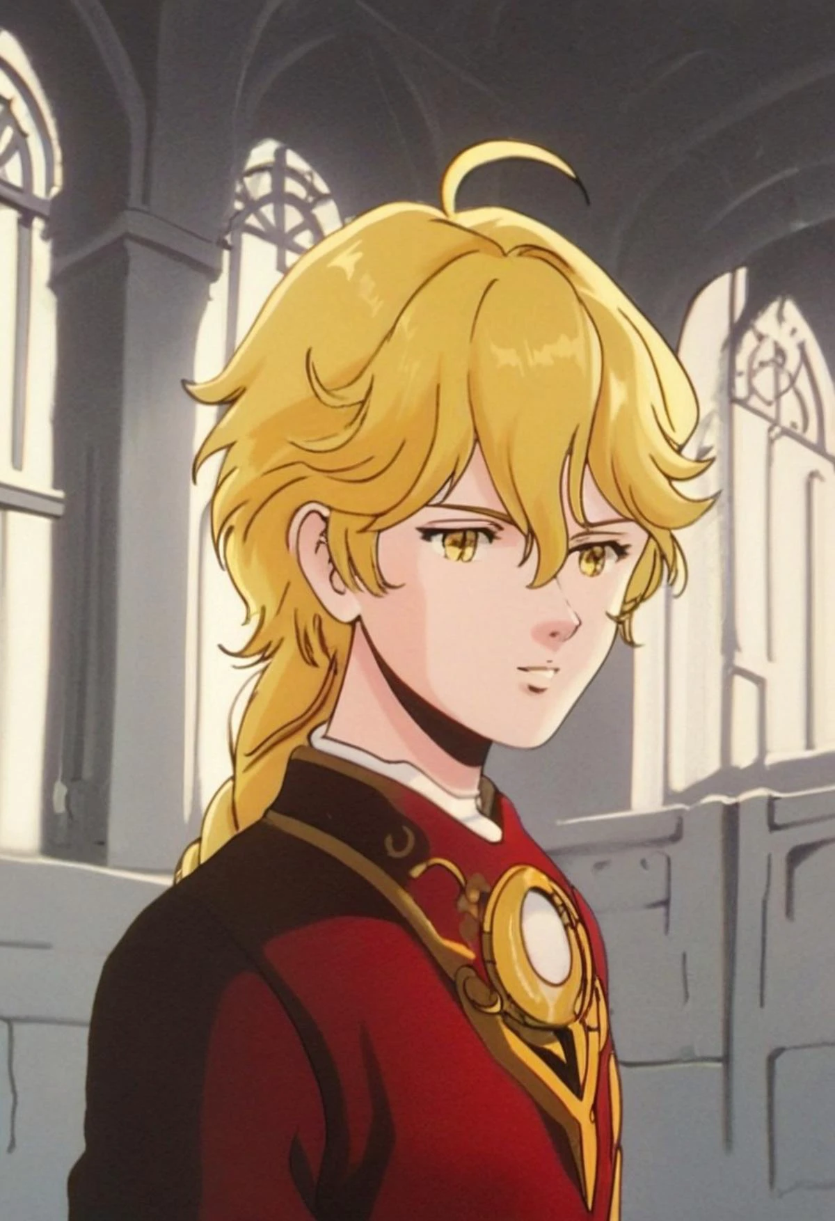 score_9, score_8_up,score_7_up, source_ anime, partial color, traditional art, masterpiece, ultra high resolution, ultra-detailed, 4K, intricate detail, hyper-detailed, highlight and shadow, volumetric lighting, highly detailed background:1.2, epic background, (Saether, yellow eyes, blonde hair, long hair, ahoge, hair between eyes,braid, single braid,), (black and red armor, sharp claws), (ruins, pale sunlight, medieval, science-fiction), ((LZGH)),