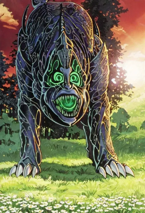 score_9, score_8_up,score_7_up, source_ anime, partial color, traditional art, masterpiece, ultra high resolution, ultra-detailed, 4K, intricate detail, hyper-detailed, highlight and shadow, volumetric lighting, highly detailed background:1.2, epic background, (Monster warrior, green glowing eyes, sharp teeth), (sharp claws, horrific armor), (cloud, red sunlight), (flowers, trees, grass), (purple green black colors), ((LZGH)),