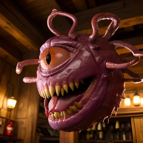absurdres, beholder, open mouth, wine, meat <lora:beholder_v1-000092:1>