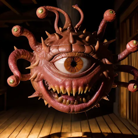 absurdres, beholder, open mouth, wine, meat <lora:beholder_v1-000092:1>