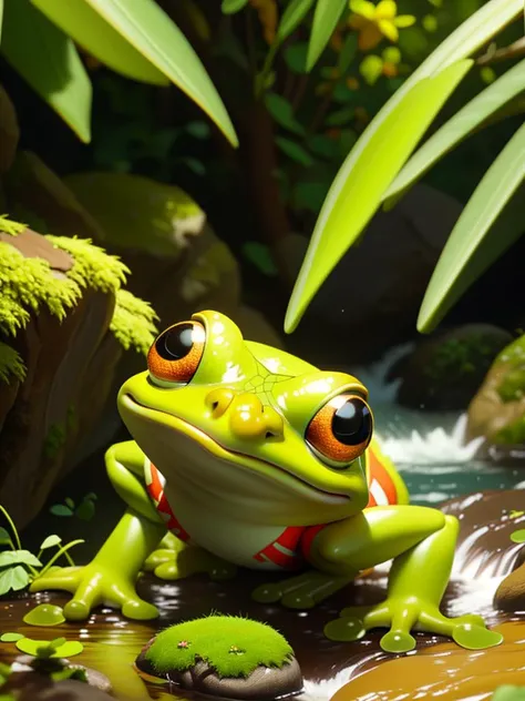 (masterpiece)+, (best quality)+, highres, high quality digital art of a tiny green frog with red stripe on a mossy rock near a rushing creek, pixar, high contrast, soft lighting, backlighting, bloom, light sparkles, chromatic aberration, smooth, sharp focus, (detailed)+, 4k, 8k uhd, (perfect anatomy)+, sharp, (intricate detail)+, (detailed background)+