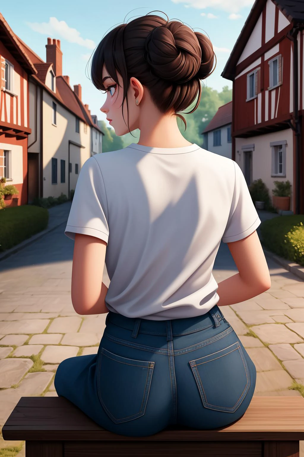 ((((high quality, best quality, sharp focus)))), industrial france, french, (1girl, solo, enticing adult woman), scholar, wearing casual outfit, book, sweet eyes, black_hair, medium_hair, double_bun, frail body, ((nice village)), detailed, extreme detail, intricate detail, highres, absurdres, 4k, 8k, HDR, UHD, masterpiece, immaculate, perfect, from behind,