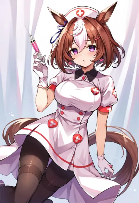 score_9, score_8_up, score_7_up, score_6_up, score_5_up, source_anime，Meisho Doto \(umamusume\),1girl,NNurse,syringe, nurse, nurse_cap, hat, dress, earrings, short_sleeves, jewelry, white_dress, short_dress, collared_dress, holding_syringe, pink_dress, thigh_strap, skindentation, thighhighs, gloves, white_gloves, hair_ornament, black_thighhighs, white_footwear, sandals, zettai_ryouiki, hairclip, ring, black_pantyhose, open clothes - Commonly used tags.,infirmary