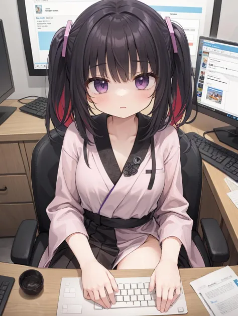 (masterpiece, best quality, highres:1.2), medium breasts, teenage, half-up half-down hairstyle, multicolored hair, micro bangs, purple eyes, shaded face <lora:shaded_face2_pruned_0:0.7>, 1girl, robe, indoors, monitor, keyboard \(computer\), office chair, computer, looking monitor, grab mouse \(computer\), playing games