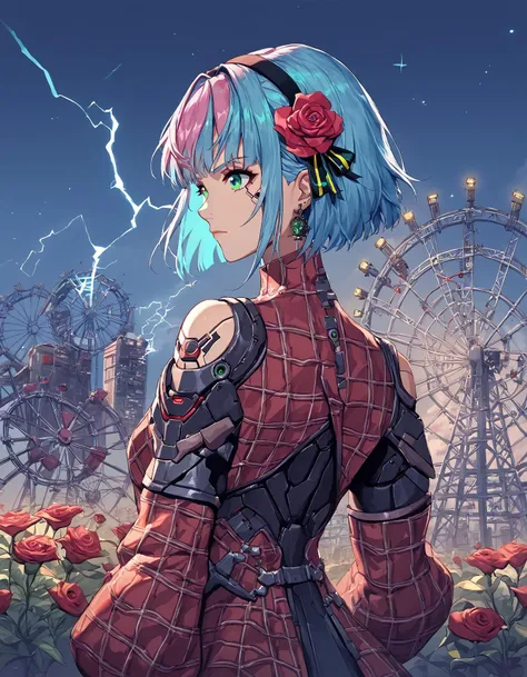 score_9, score_8_up, score_7_up, score_6_up, score_5_up, score_4_up, Cyberpunk Irish Girl, 1girl, solo, short hair, spiky hair, green eyes, dress, ribbon, plaid jacket, closed mouth, upper body, plaid armored bolero, flower, sidelocks, hairband, earrings, detached sleeves, pink hair, blue hair, ombre hair, multicolored hair, hair flower, tartan dress, plaid ribbon, gold flower, outdoors, futuristic celtic theme, roses, ferris wheel, theme park, cyberpunk, electricity, wires, red flower, crossed bangs, night sky, evening, post apocalyptic, flying, from behind, nsfw, source_hoyoverse