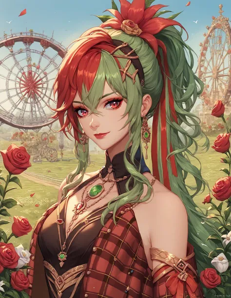 score_9, score_8_up, score_7_up, score_6_up, score_5_up, score_4_up, 1girl, solo, long hair, looking at viewer, hair ornament, red eyes, dress, ribbon, plaid jacket, celtic heritage, wild irish rose, hair between eyes, bare shoulders, jewelry, closed mouth, smile, makeup, lipstick, eyeliner, hair ribbon, upper body, ponytail, flower, sidelocks, hairband, earrings, detached sleeves, green hair, red hair, multicolored hair, hair flower, red plaid dress, plaid ribbon, white flower, outdoors, celtic theme, roses, ferris wheel, farmland, red flower, crossed bangs