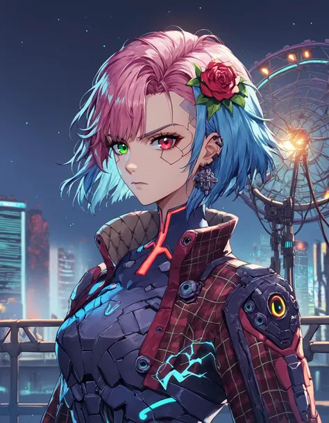 score_9, score_8_up, score_7_up, score_6_up, score_5_up, score_4_up, Cyberpunk Irish Girl, 1girl, solo, short hair, spiky hair, green eyes, red eyes, heterochromia, looking at viewer, upper body, depth of field,  dress, ribbon, plaid jacket, closed mouth, upper body, plaid armored bolero, flower, earrings, detached sleeves, pink hair, blue hair, ombre hair, multicolored hair, hair flower, tartan dress, outdoors, futuristic celtic theme, roses, ferris wheel, theme park, cyberpunk, electricity, wires, red flower, crossed bangs, night sky, evening, post apocalyptic, flying, from behind, nsfw, source_hoyoverse LuT_BR_Neon