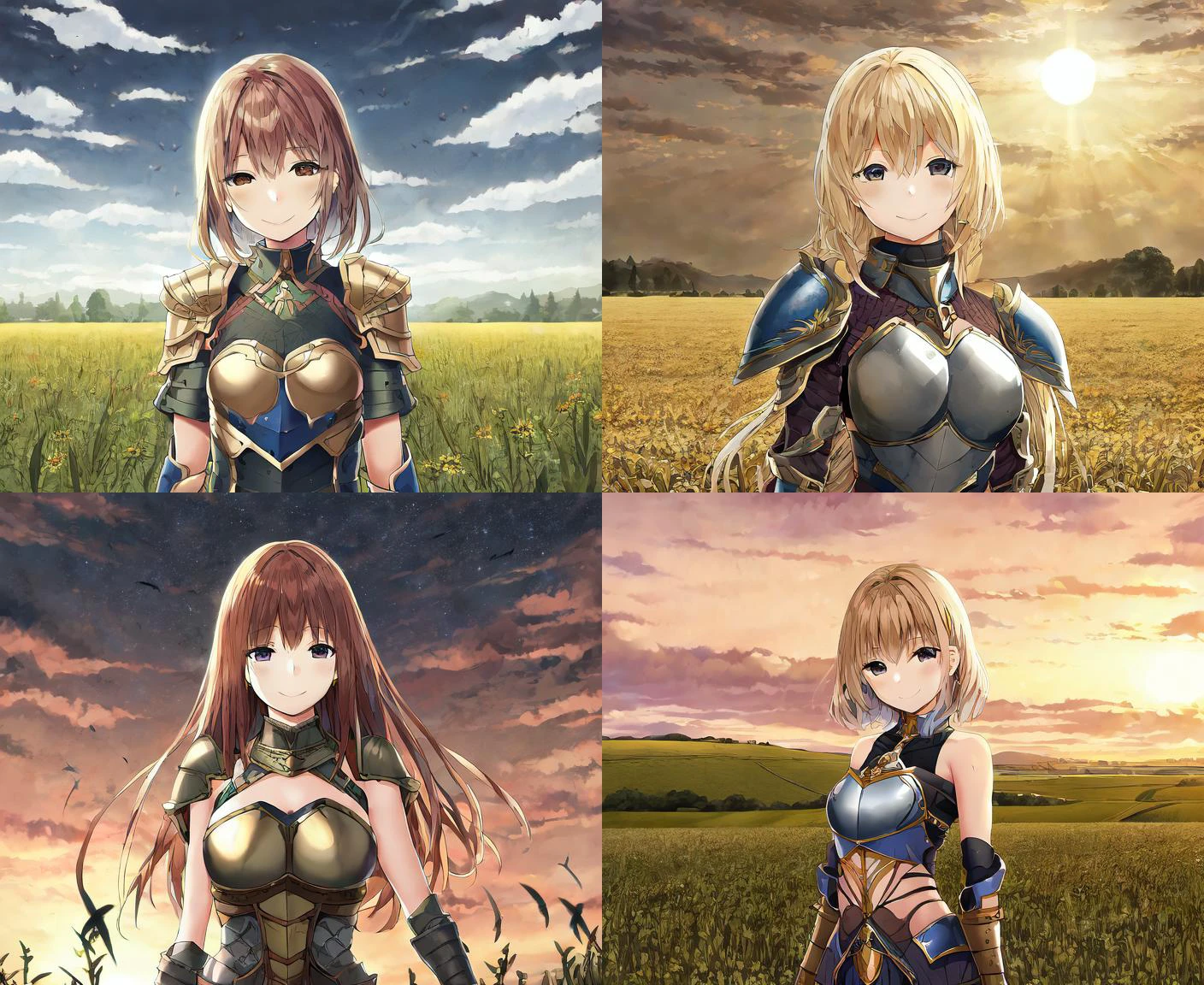bangs, by sky-freedom, 1girl, solo, armor, fantasy, smile, bold outlines, golden hour, fields of war, dark skies, anatomy, upper body