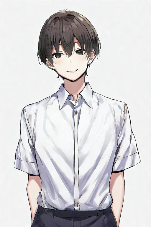 bangs, by sky-freedom, 1boy, solo, white collared shirt, smile, bold outlines, simple background, anatomy, upper body