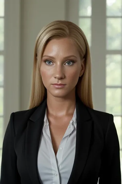 h3ath3rm0rri5 in a suit, (black blazer1.2), standing in front of a desk, full body, blonde hair, blue eyes, indoors, oval office, white house, windows, upper body, morning, bright, <lora:Heather_Morris_PMv1_Lora:1.3>,, ((Full-Body Shot)), Photorealistic, Hyperrealistic, Hyperdetailed, analog style, soft lighting, subsurface scattering, realistic, heavy shadow, masterpiece, best quality, ultra realistic, 8k, golden ratio, Intricate, High Detail, film photography, soft focus
