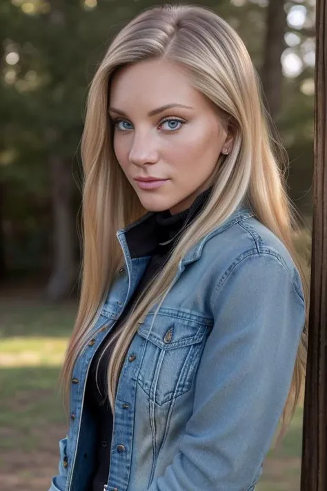 (RAW, analogue, Nikon Z 14mm ultra-wide angle lens, award-winning glamour photograph, ((best quality)), ((masterpiece)), ((realistic)), skin pores, subsurface scattering, radiant light rays, high-res, detailed facial features, high detail, sharp focus, smooth, aesthetic, extremely detailed, (extremely detailed eyes, extremely detailed iris), extremely detailed hair, extremely detailed skin, extremely detailed clothes, octane render, photorealistic, realistic, post-processing, max detail, realistic shadows, roughness, natural skin texture, real life, ultra-realistic, photorealism, photography, 8k UHD, photography, hdr, intricate, elegant, highly detailed, sharp focus, stunning, beautiful, gorgeous), (photorealistic), (realistic), h3ath3rm0rri5, full body, blonde hair, blue, eyes, (denim jacket:1.3), (black turtleneck sweater:1.1), jeans, lips, long hair, outdoors, on a ranch, leaning on a wooden post, looking at viewer, upper body, morning, bright, <lora:Heather_Morris_PMv1_Lora:1.3>,
