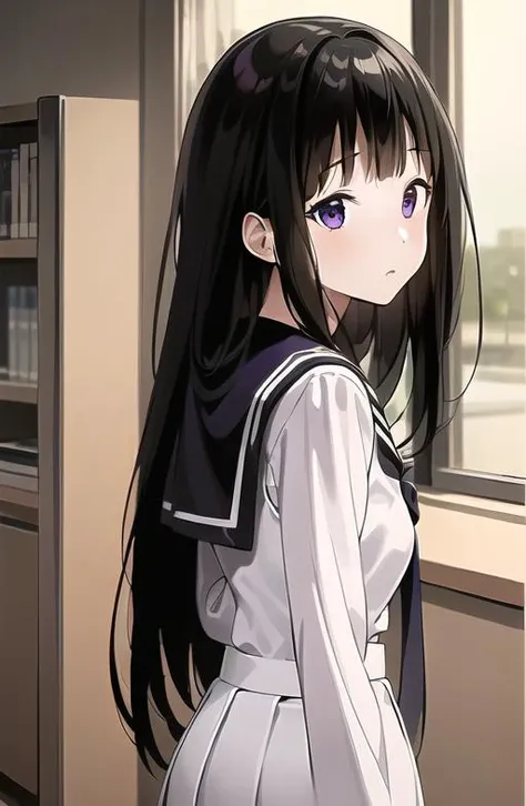 <lora:Chitanda_Eru:0.7>,((masterpiece,best quality,ultra detailed)),((white serafuku,sailor suit,black high-waist skirt)),purple eyes,black hair,library,pleated skirt,(perfect face,beatiful face,detail face)