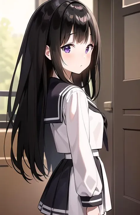 <lora:Chitanda_Eru:0.5>,((masterpiece,best quality,ultra detailed)),((white serafuku,sailor suit,(black high-waist skirt))),purple eyes,black hair,library,pleated skirt,(perfect face,beatiful face,detail face)
