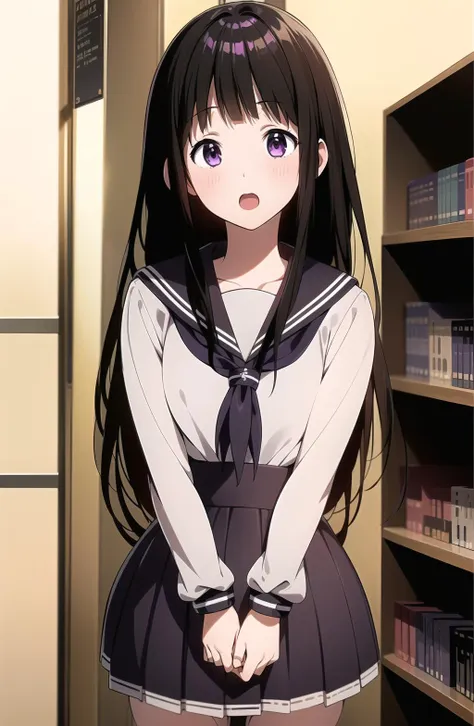 <lora:Chitanda_Eru:0.6>,((masterpiece,best quality,ultra detailed)),((serafuku,sailor suit,(high-waist skirt))),purple eyes,black hair,library,pleated skirt,dress,((cute,anime)),open mouth,curious,detail eyes