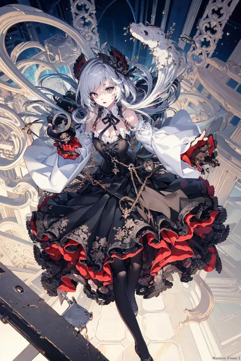 Nardack,RAW, (intricate detailed), 1girl, solo, pale skin, expressionless, (Black Corset Strap cotton Dress:1.1), white Long-Sleeve Layered Collar Plain Shirt + Neck Tie +Suspender A-Line Skirt, black pantyhose, hghheels, The strap is slimming the waist, (dark fantasy:1.2), (last boss:1.25), white horror theme, grandeur, ((marvelous illustration)), (detailed splash),