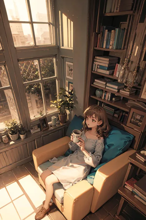 Nardack,In a spacious living room with large windows, a girl with curly brown hair sits on a comfortable couch, surrounded by books and with a cup of tea in her hand, lost in thought.