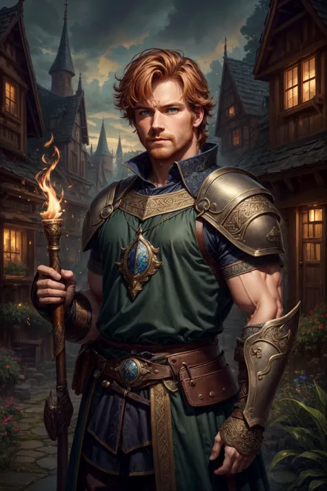 (masterpiece, best quality), intricate details, <lora:add_detail:1>
(1man, muscular adult irish male:1.2), amber eyes, ginger hair, textured fringe,
portrait, solo, half shot, looking at viewer, detailed background, detailed face, (<lyco:CulturePunkBundle-000007:0.5>, fairytaleai, fairytale theme:1.1), sentry, standing firm, intense, leather gauntlets, dark green banner, town square in background, fortified, torchlight, medieval atmosphere,
nardack, <lora:LoconLoraNardack_v10:0.3>,