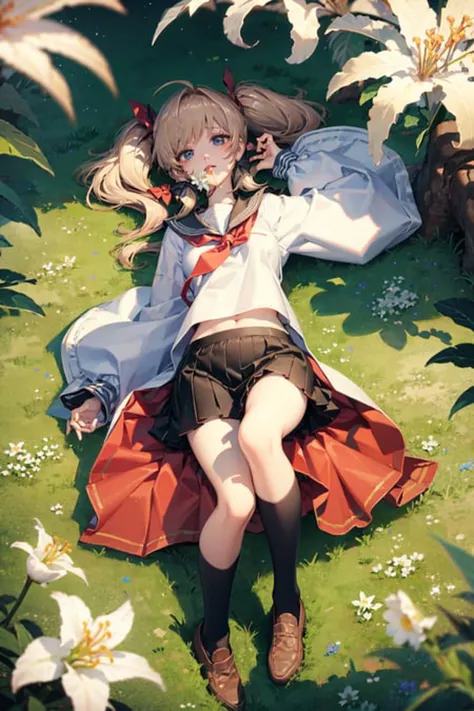 Nardack,1girl, spider lily, solo, flower, skirt, red flower, long hair, black skirt, lying, long sleeves, on back, holding flower, pleated skirt, socks, school uniform, white socks, serafuku, holding, bangs, shirt, blue eyes, looking at viewer, white shirt, blush, hair bow, sailor collar, kneehighs, loafers, black sailor collar, string of fate, covered mouth, blonde hair, two side up, black bow, bow, shoes, knee up, outdoors, sleeves past wrists, string, brown footwear, flower field, small breasts, breasts, twintails, on grass, (masterpiece,best quality)