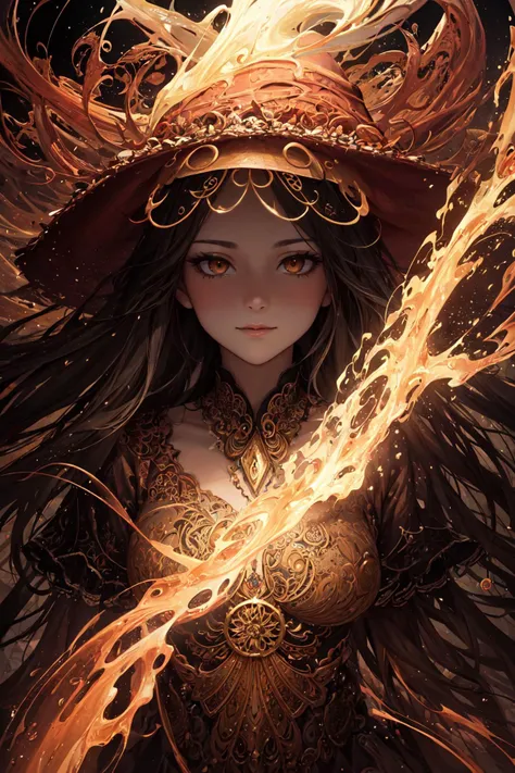 (masterpiece, top quality, best quality, official art, beautiful and aesthetic:1.2), extreme detailed, (fractal art:1.3), (abstract:1.2), (zentangle:1.2), visual chaos, fluid movement, captivating patterns, creative experimentation, highest detailed,
1 girl, adult woman, dark brown eyes, ginger beach waves hair,
portrait, looking up, solo, upper body, detailed background, light smile, witch hat, witch, magical atmosphere, hair flowing in the wind, red trimmed light colored clothes, dynamic pose, colorful whirlwind of glowing elemental flames in the air, swirling portal, dark magic, (style-swirlmagic:0.8), floating particles, rustic forest hut background, updraft,
nardack, <lora:LoconLoraNardack_v10:0.3>,