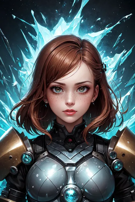 (masterpiece, top quality, best quality, official art, beautiful and aesthetic:1.2), extreme detailed,  (abstract:1.2),   luminous trails,    captivating patterns, creative experimentation, highest detailed,
1 girl, adult (elven:0.7) woman, freckles, brown eyes, auburn bun hair,
portrait, solo, upper body, looking at viewer, detailed background, detailed face, (atompunkstylesd15, atompunk, 50s theme:1.1),   glass-cyborg, (made of glass:1.1),  colorful,  champion, crystal armor, mosaic, mechanical, power source, magical patterns, surging power, floating particles, steam,   crater in background, epic atmosphere,
nardack, <lora:LoconLoraNardack_v10:0.3>,