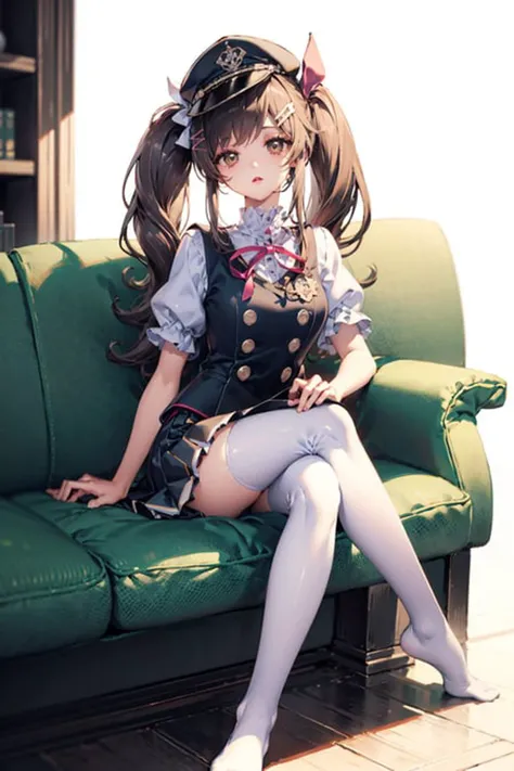 Nardack,miyu edelfelt, 1girl, solo, black hair, thighhighs, puffy short sleeves, short sleeves, hat, skirt, black skirt, long hair, blush, homurahara academy school uniform, puffy sleeves, twintails, looking at viewer, brown eyes, shirt, white shirt, hair ornament, sitting, bangs, no shoes, black thighhighs, simple background, school uniform, hairclip, white headwear, white background, beret, crossed legs, sidelocks, ribbon, full body, (masterpiece,best quality)