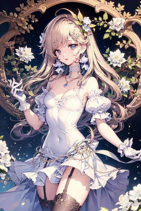 Nardack,1girl, solo, dress, hair flower, flower, breasts, long hair, gloves, hair ornament, thighhighs, white gloves, white thighhighs, cleavage, blue eyes, looking at viewer, choker, gradient background, white dress, jewelry, bare shoulders, garter straps, gradient, off-shoulder dress, black background, frilled thighhighs, frills, white flower, own hands together, blonde hair, necklace, bangs, parted bangs, purple bow, puffy sleeves, medium breasts, bow, off shoulder, rose, closed mouth, frilled dress, white rose, collarbone, (masterpiece,best quality)