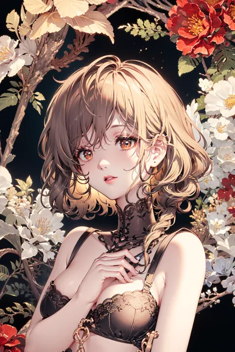 Nardack,((full face, facing the camera, pressing her chest, she squeezes her breasts with her arms)), (red lace bra with black trim, bare body), 1girl, small breast, finely beautiful eyes and detailed face, (graceful hairstyle, dark red gradient braided hair), dark background, dark yellow gradient eyes, lustrous skin, (perfect anatomy, ultra-detailed, an extremely delicate and beautiful, detailed light, masterpiece),