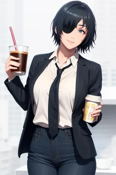 RAW, (intricate details:1.3), (best quality:1.3), (masterpiece:1.3), (photorealistic:1.4), alcohol, bangs, beer, belt, black eyes, black hair, black jacket, black necktie, black pants, black suit, blurry, blurry background, blurry foreground, breasts, bubble tea, closed mouth, coffee, coffee cup, collared shirt, cowboy shot, cup, depth of field, disposable cup, dress shirt, drink, drinking glass, drinking straw, eyepatch, formal, glass, grey background, hair over one eye, holding, holding cup, holding drink, ice cube, jacket, light smile, lips, long sleeves, looking at viewer, medium breasts, necktie, nose, one eye covered, open clothes, open jacket, pants, pink lips, shirt, shirt tucked in, short hair, simple background, smile, solo, standing, suit, upper body, white shirt, wing collar, <lora:HimenoV1:0.8>