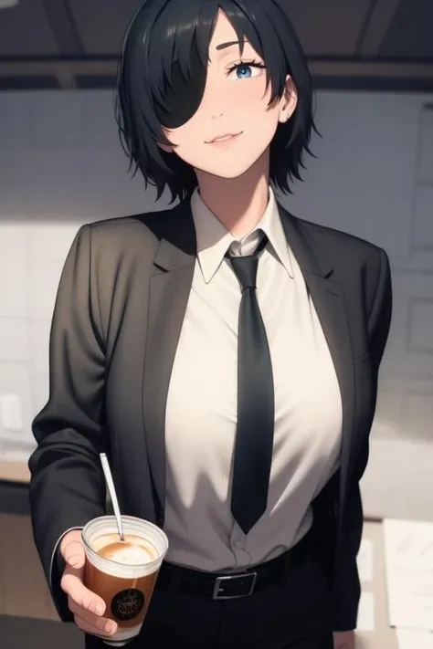 RAW, (intricate details:1.3), (best quality:1.3), (masterpiece:1.3), (photorealistic:1.4), alcohol, bangs, beer, belt, black eyes, black hair, black jacket, black necktie, black pants, black suit, blurry, blurry background, blurry foreground, breasts, bubble tea, closed mouth, coffee, coffee cup, collared shirt, cowboy shot, cup, depth of field, disposable cup, dress shirt, drink, drinking glass, drinking straw, eyepatch, formal, glass, grey background, hair over one eye, holding, holding cup, holding drink, ice cube, jacket, light smile, lips, long sleeves, looking at viewer, medium breasts, necktie, nose, one eye covered, open clothes, open jacket, pants, pink lips, shirt, shirt tucked in, short hair, simple background, smile, solo, standing, suit, upper body, white shirt, wing collar, <lora:HimenoV1:0.8>