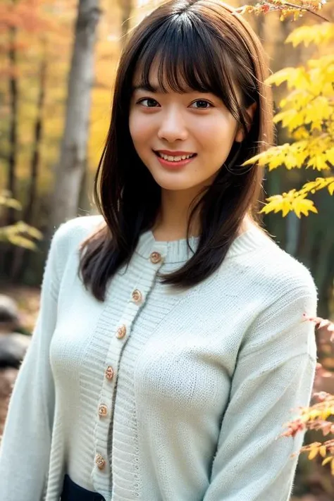 1girl,(blouse and cardigan:1.2),(RAW photo, best quality), (realistic, photo-realistic:1.4), masterpiece, an extremely delicate and beautiful, extremely detailed, 2k wallpaper, Amazing, finely detail, extremely detailed CG unity 8k wallpaper, ultra-detailed, highres, soft light, beautiful detailed girl, extremely detailed eyes and face, beautiful detailed nose, beautiful detailed eyes,cinematic lighting,in a beautiful forest of pine trees at a Japanese countryside,autumn scenery,maple trees in autumn,by a small rocky river,perfect anatomy,slender body,laughing <lora:tamurahono_lora:0.8>