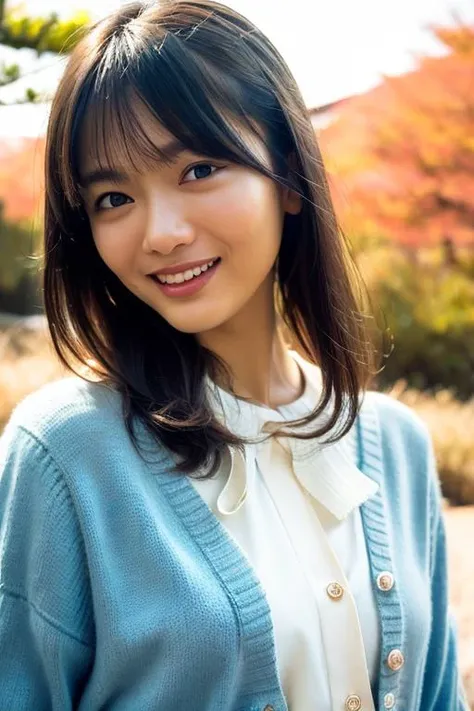 1girl,(blouse and cardigan:1.2),(RAW photo, best quality), (realistic, photo-realistic:1.4), masterpiece, an extremely delicate and beautiful, extremely detailed, 2k wallpaper, Amazing, finely detail, extremely detailed CG unity 8k wallpaper, ultra-detailed, highres, soft light, beautiful detailed girl, extremely detailed eyes and face, beautiful detailed nose, beautiful detailed eyes,cinematic lighting,in a beautiful forest of pine trees at a Japanese countryside,autumn scenery,maple trees in autumn,by a small rocky river,perfect anatomy,slender body,laughing   <lora:tamurahono_lora:0.8>