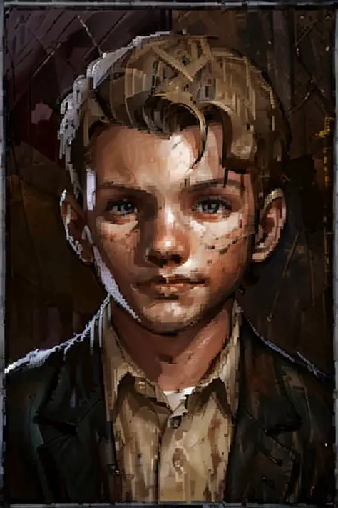 <lora:Dark and Darker Portraits V1:0.8> dark_and_darker_game_portrait_style, vendor, fantasy portrait, small_border, frame, detailed_painting, low_resolution, 1boy, orphan, newsboy, newspaper, dirty_face